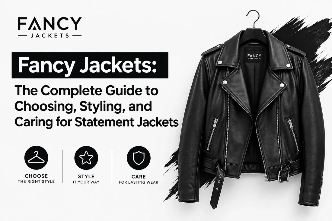 Fancy Jackets guide banner showing a black leather biker jacket on a hanger