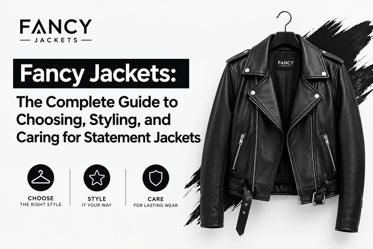 Fancy Jackets guide banner showing a black leather biker jacket on a hanger