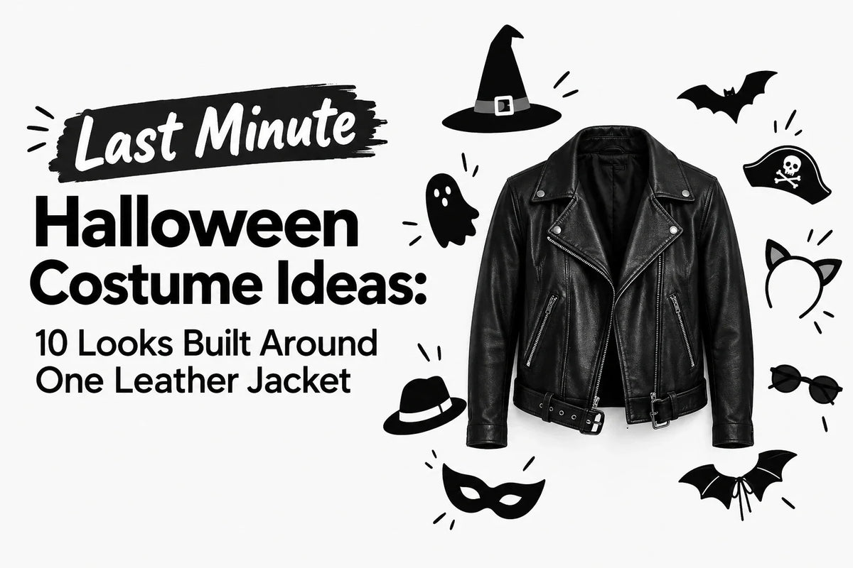 Person wearing a black leather jacket as a last minute Halloween costume