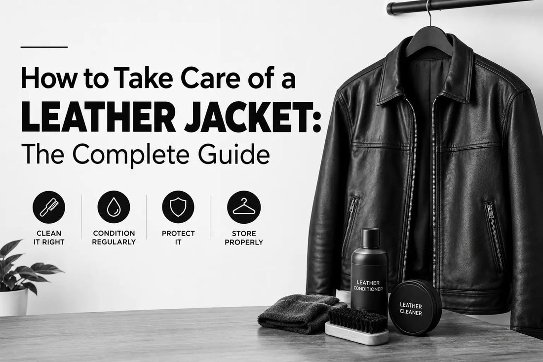 Person cleaning a black leather jacket with a soft cloth