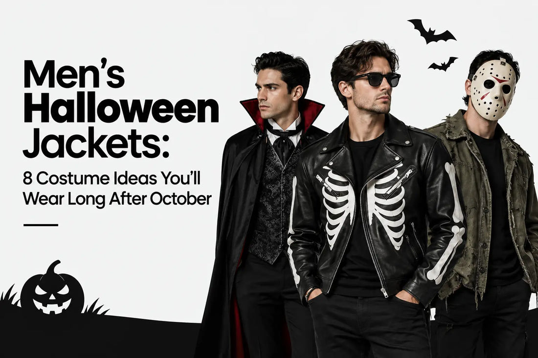 Man wearing a black leather Halloween jacket with a costume
