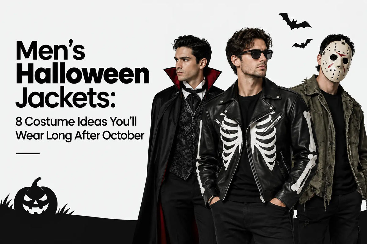 Man wearing a black leather Halloween jacket with a costume