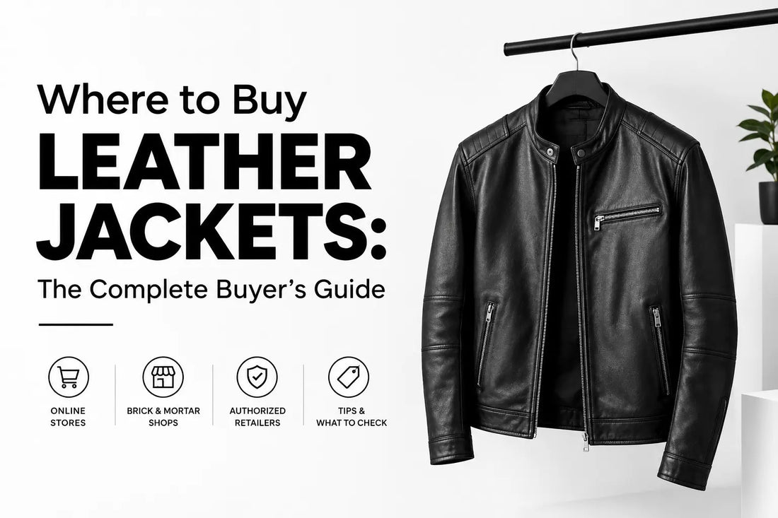 Where to buy leather jackets: man and woman trying on black leather jackets