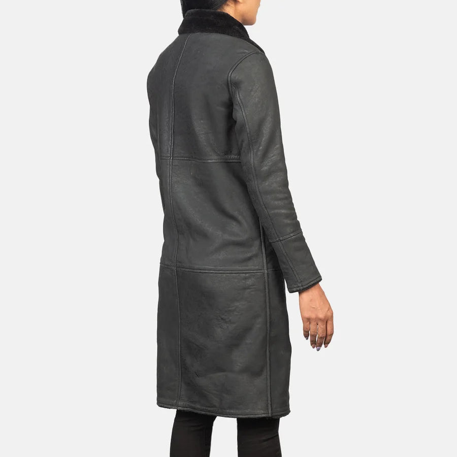 Women's Alina black distressed shearling leather coat with long straight hem