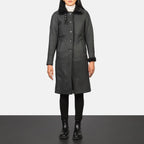 Women's Alina long black distressed shearling leather coat with fur collar, full length