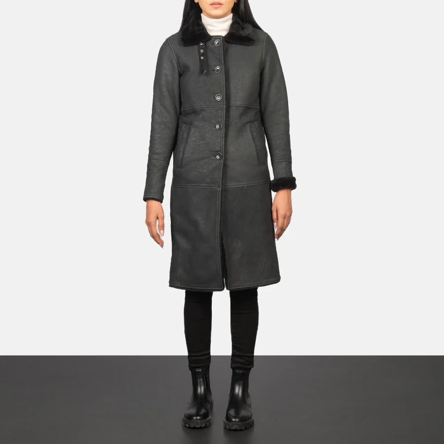 Women's Alina long black distressed shearling leather coat with fur collar, full length