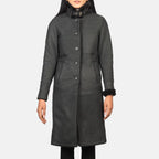 Women's Alina black shearling leather coat with five button front and black fur collar