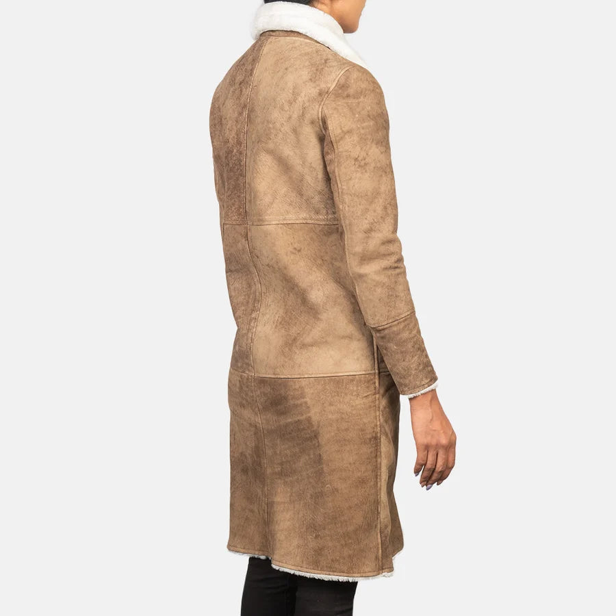 Women's Alina brown distressed shearling leather coat with fur collar and long straight hem