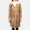 Women's Alina long brown distressed shearling leather coat with white fur collar and button front