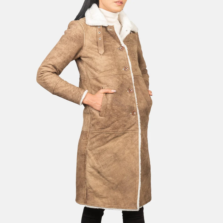 Women's Alina brown suede-finish shearling coat with long hem and white fur facing, angled