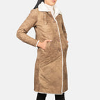 Women's Alina brown suede-finish shearling coat with long hem and white fur facing, angled
