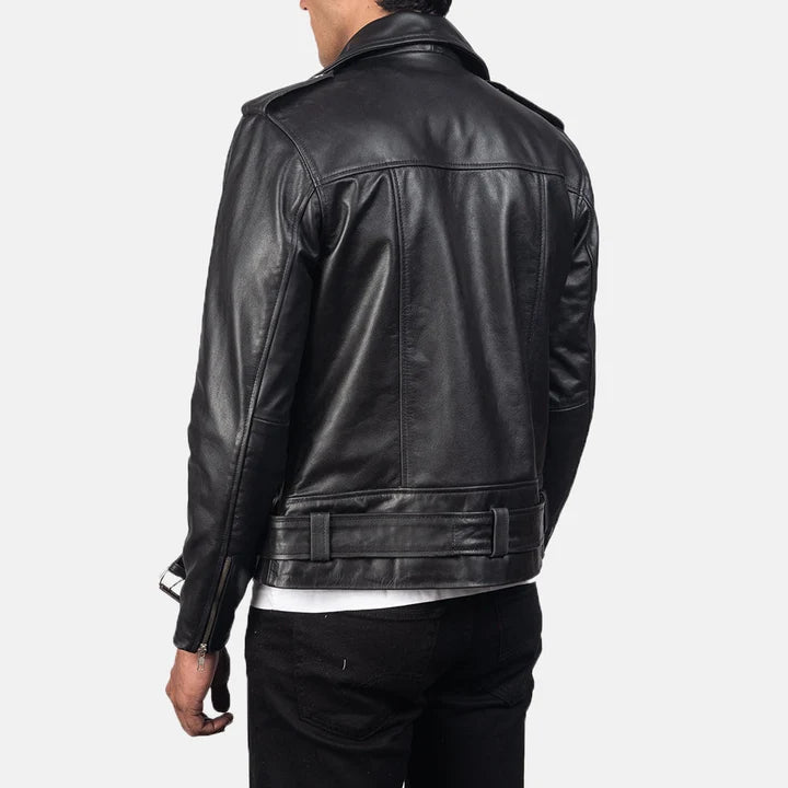 Allaric Alley black leather biker jacket flat lay sleeve detail
