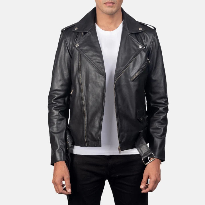 Allaric Alley black leather biker jacket front view on model