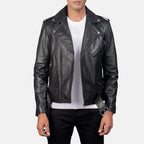 Allaric Alley black leather biker jacket front view on model