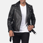 Men's black leather biker jacket front view with asymmetric zipper and belt