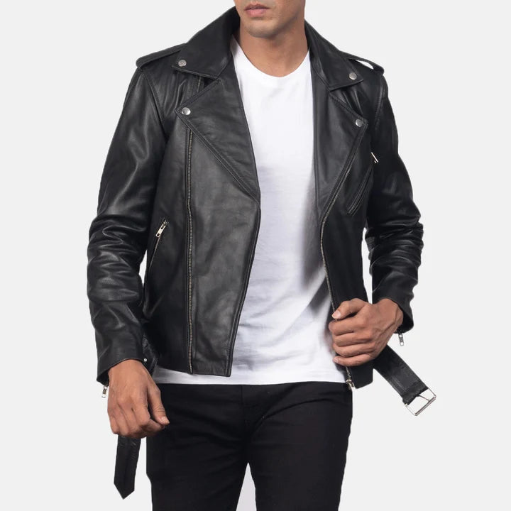 Men's black leather biker jacket front view with asymmetric zipper and belt