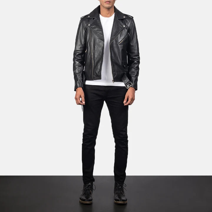 Allaric Alley black leather biker jacket full body styling with pants