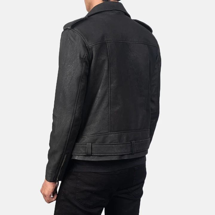 Allaric Alley distressed black leather biker jacket close-up belt and pocket detail