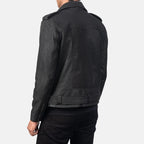 Allaric Alley distressed black leather biker jacket close-up belt and pocket detail