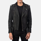Men's distressed black leather biker jacket back view with belt and collar