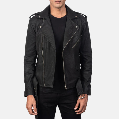 Men's distressed black leather biker jacket back view with belt and collar