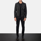 Allaric Alley distressed black leather biker jacket full body styling with pants