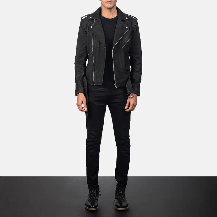 Allaric Alley distressed black leather biker jacket full body styling with pants