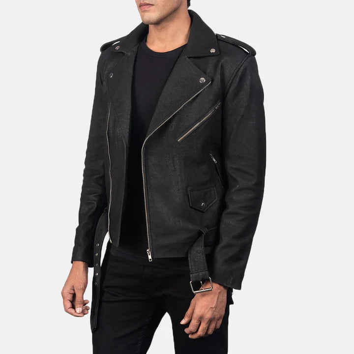 Allaric Alley distressed black leather biker jacket side view