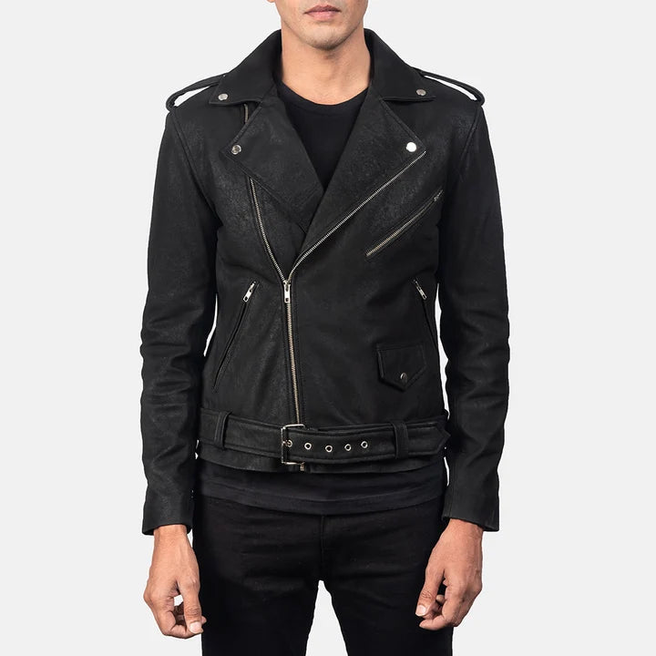 Allaric Alley distressed black leather biker jacket front view on model