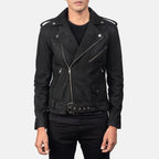 Allaric Alley distressed black leather biker jacket front view on model