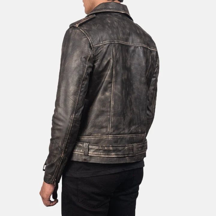 Allaric Alley distressed brown leather biker jacket side profile close-up