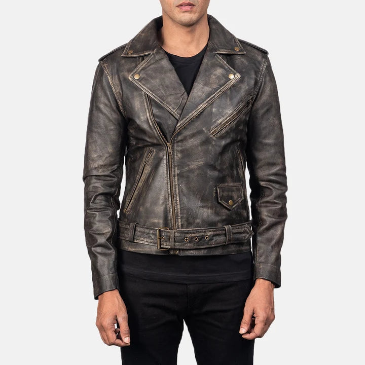 Allaric Alley distressed brown leather biker jacket front view on model