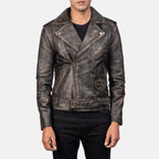 Allaric Alley distressed brown leather biker jacket front view on model