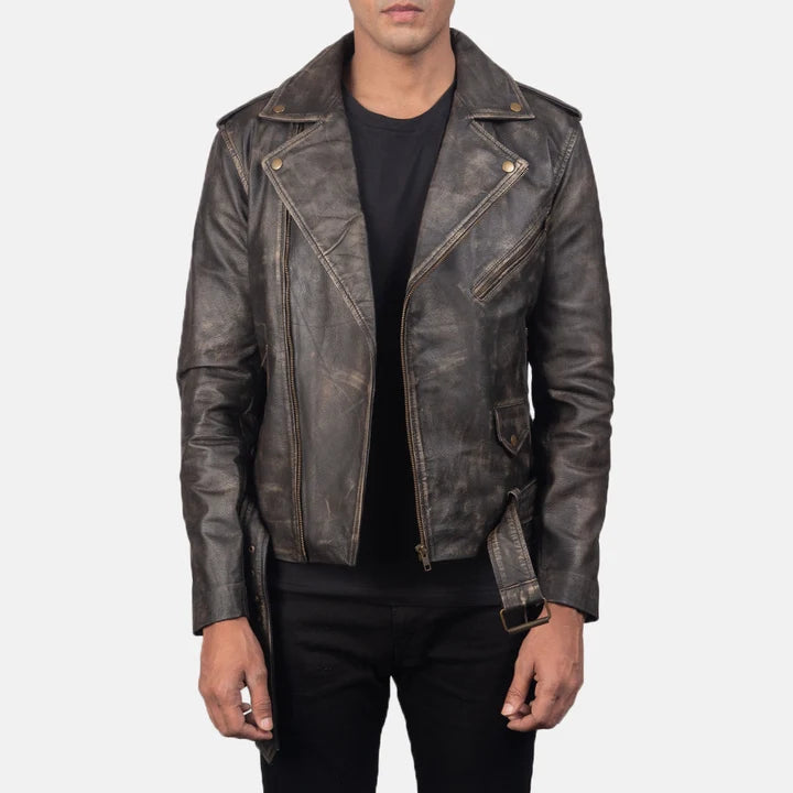 Men's distressed brown leather biker jacket front view with belt and collar