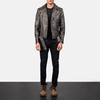 Allaric Alley distressed brown leather biker jacket full body styling with pants