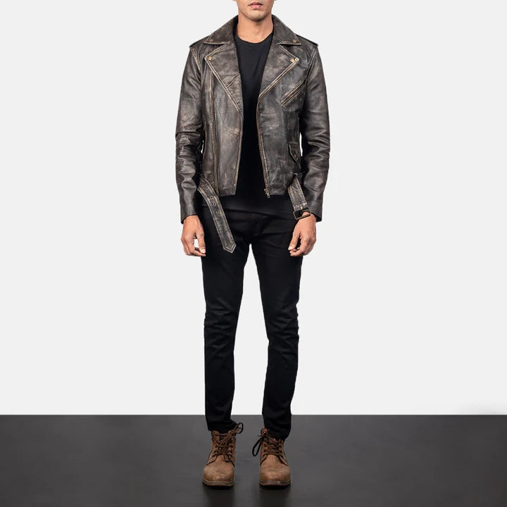 Allaric Alley distressed brown leather biker jacket full body styling with pants