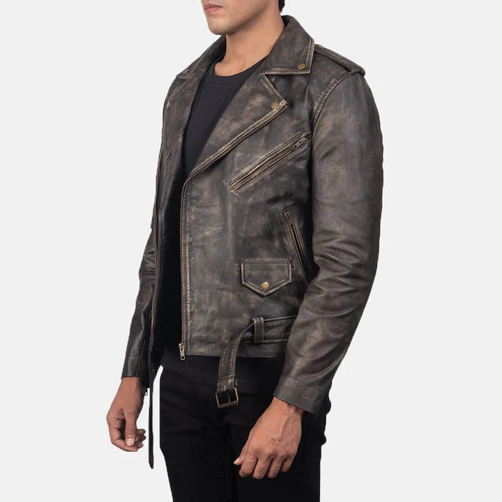 Allaric Alley distressed brown leather biker jacket side view