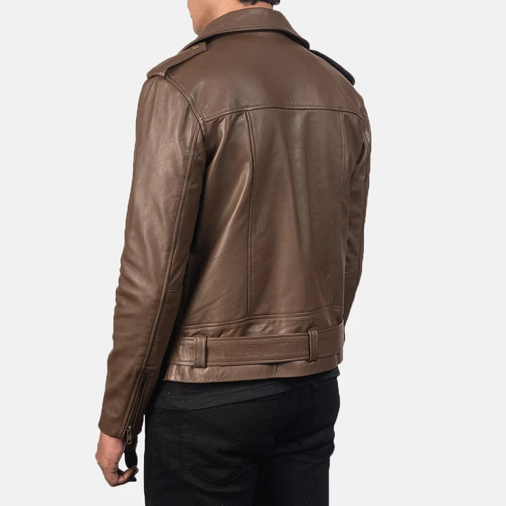 Allaric Alley mocha leather biker jacket close-up belt and pocket detail