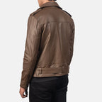 Allaric Alley mocha leather biker jacket close-up belt and pocket detail