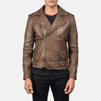 Allaric Alley mocha leather biker jacket close-up front detail