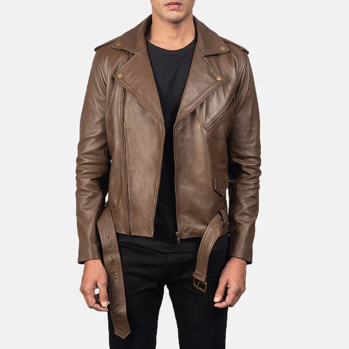 Men's mocha leather biker jacket back view with belt and collar