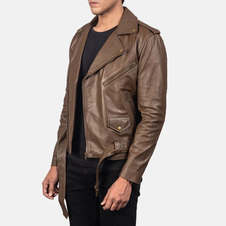Allaric Alley mocha leather biker jacket front view on model