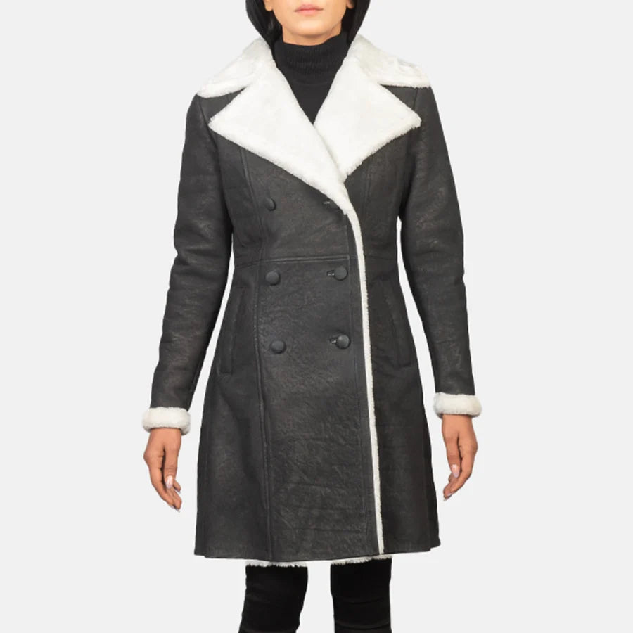 Women's Amie black distressed double-breasted shearling coat with wide white fur lapels