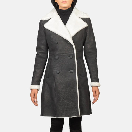 Women's Amie black distressed double-breasted shearling coat with wide white fur lapels