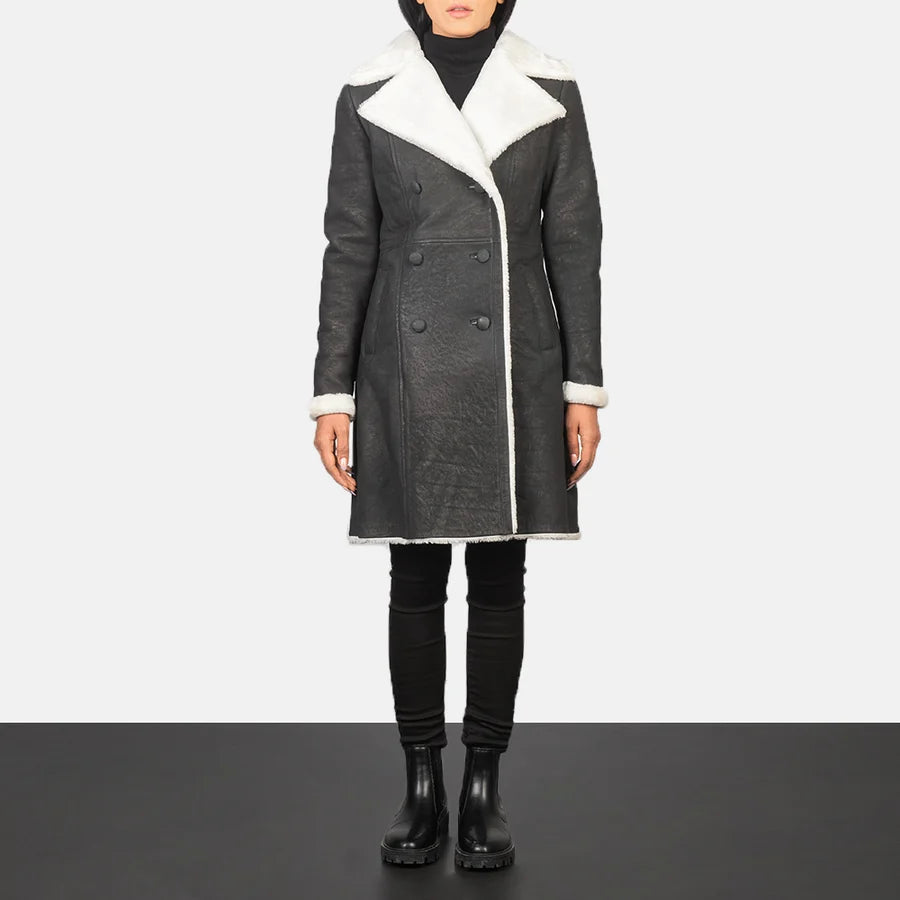 Women's Amie black shearling leather coat with mid-length hem and white fur collar, full length