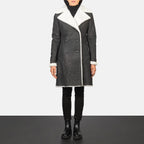 Women's Amie black shearling leather coat with mid-length hem and white fur collar, full length