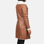 Women's Amie brown shearling leather coat with fitted sleeve and shearling trim hem