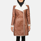 Women's Amie brown double-breasted shearling leather coat with white fur collar and covered buttons