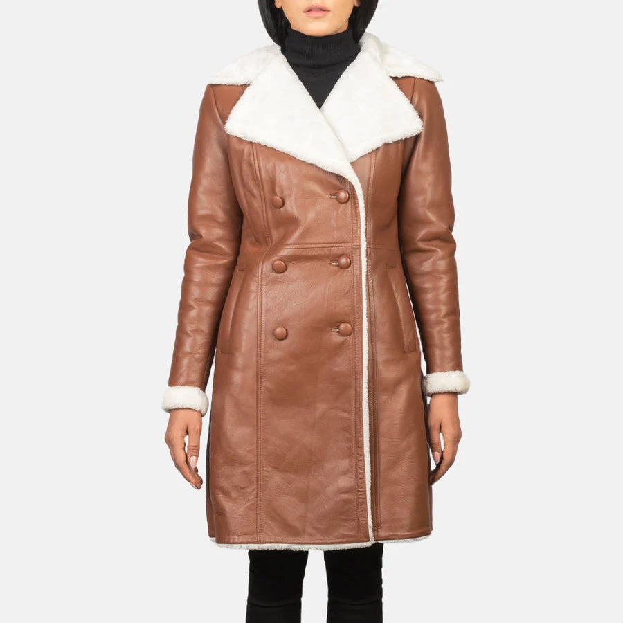 Women's Amie brown double-breasted shearling leather coat with white fur collar and covered buttons