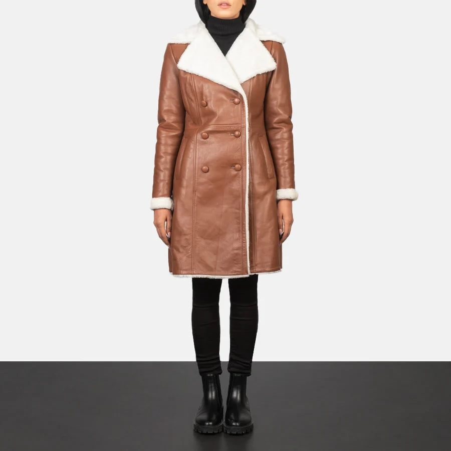 Women's Amie brown double-breasted shearling coat with mid-length hem, full length